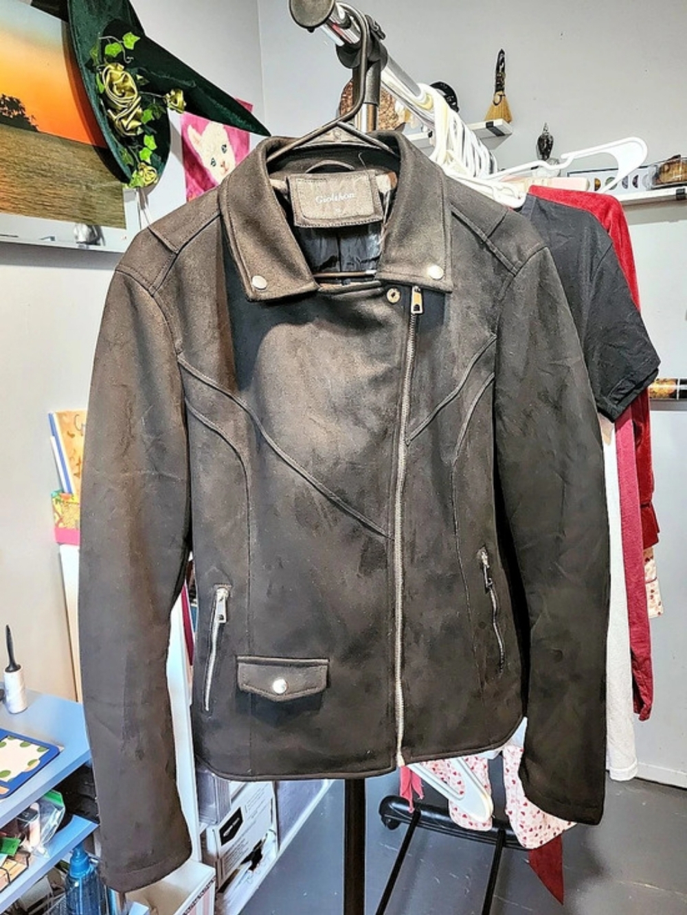 Giolshon Faux Suede Moto Biker Short Coat Black XL